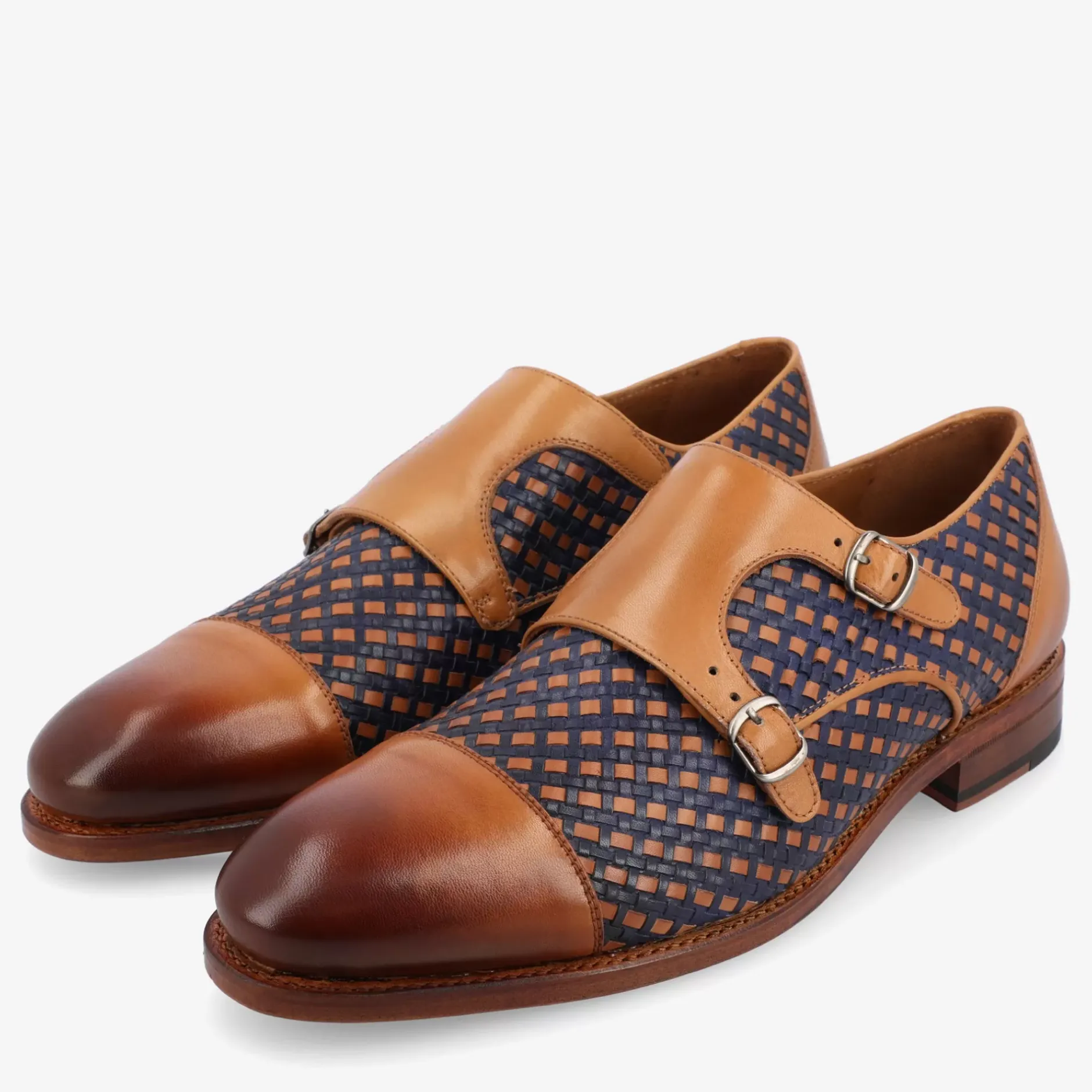 TAFT Shoes>The Lucca Monk Strap Shoe In Navy Woven Leather |